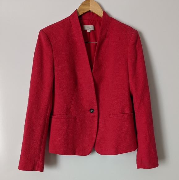 LOFT Raspberry Pink Red Textured Collarless Long Sleeve Blazer Jacket Size 6 - Picture 5 of 11
